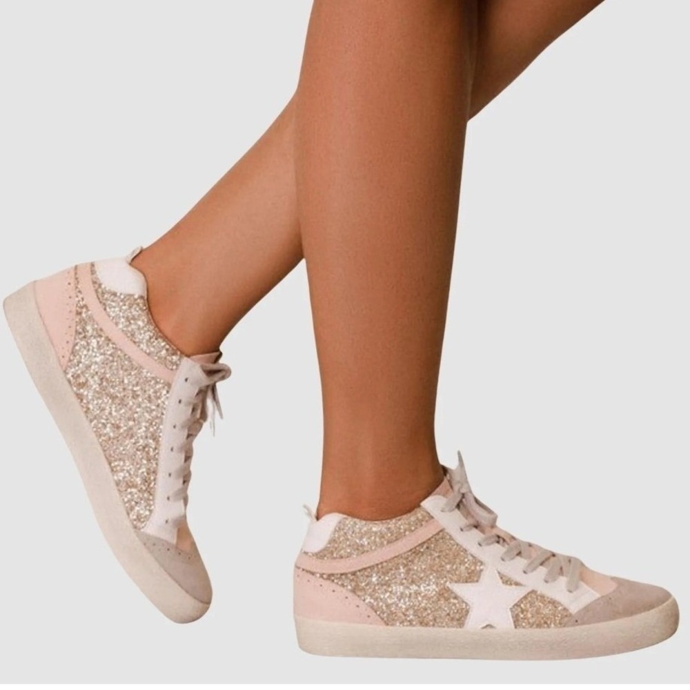 Anthro-Inspired Glitter Star Sneaker 10 Pink Gold Sparkle Low Top Designer Style